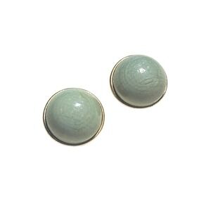 Vtg BSK Green Cabochon Clip On Earrings Round Gold Tone Costume Jewelry 1"